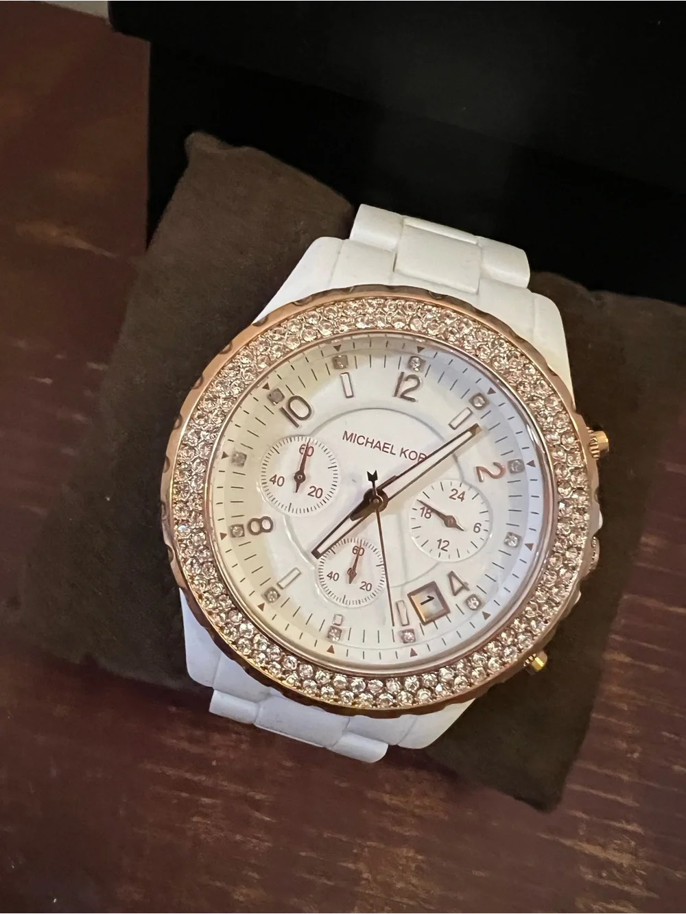 Michael Kors White and Rose Gold Crystal Chronograph Bracelet Watch